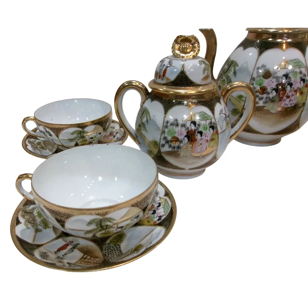 Vintage Japanese Satsuma Kutani Style Moriage Tea Set Geisha Hand Painted Gilt